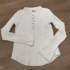 Faherty Shirt Womens Small White Waffle Knit Henley Long Sleeve Thermal SPOT